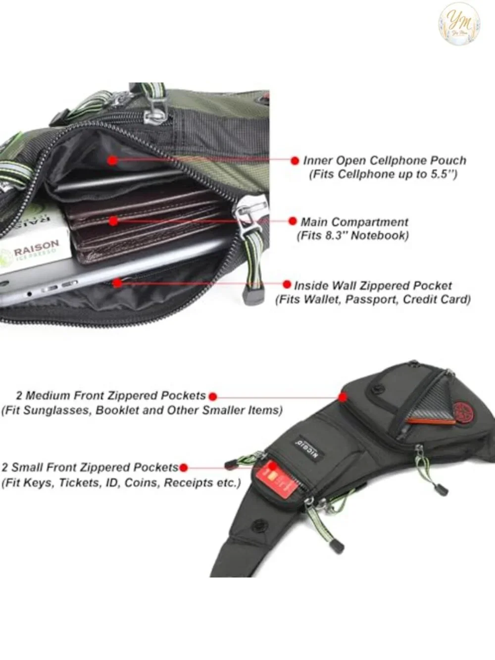 Water-Resistant Nylon Sling Bag Chest Shoulder Backpack Crossbody Daypack for